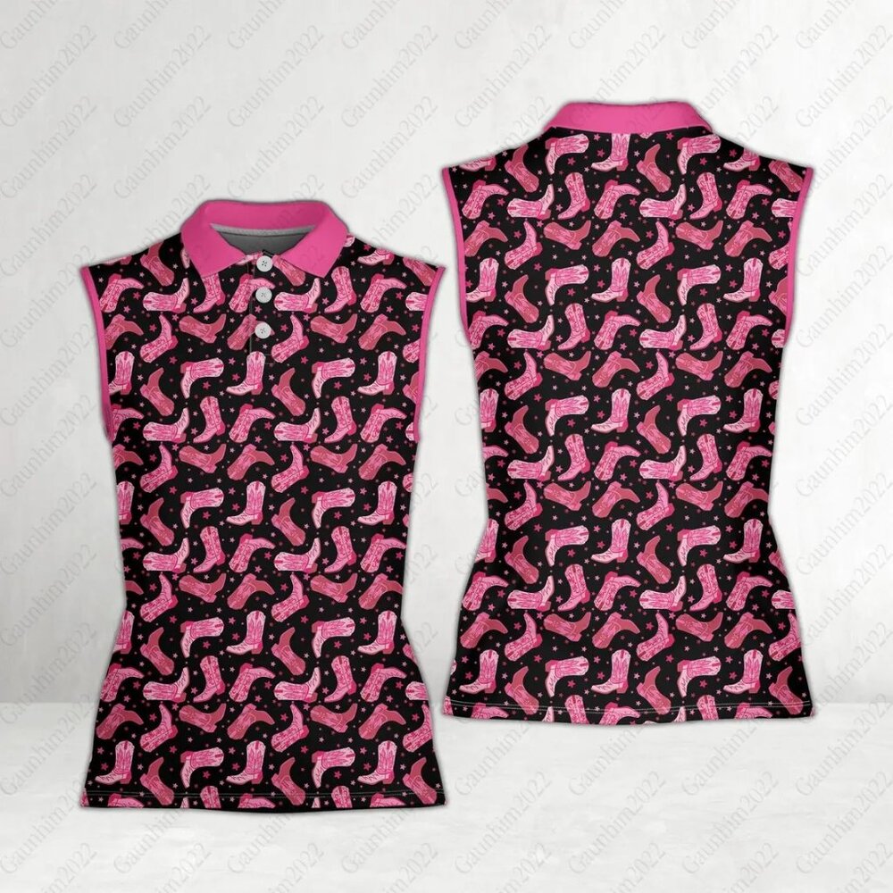 Western Cowgirl Golf Polo Shirt, Pink Cowboy Boots Women Polo Shirt, Sleeveless